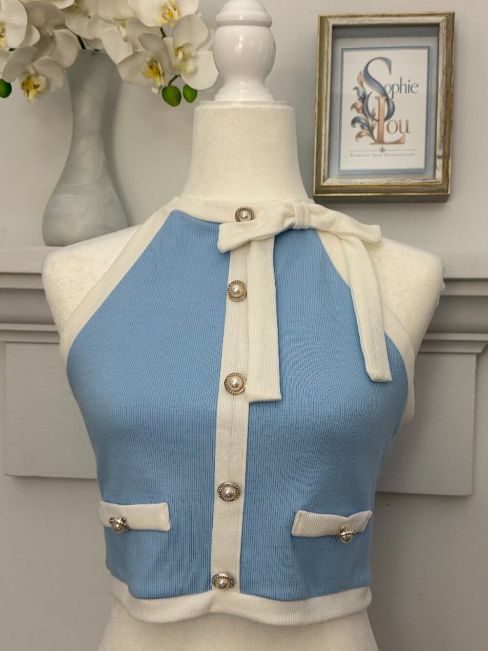 Shein Blue and Cream Retro Top - Size L NWT $20.00  BrandShein Size L / US 8-10